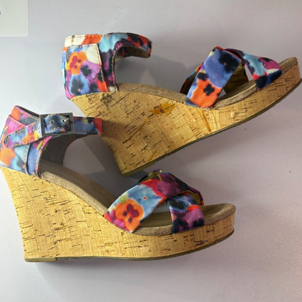 TOMS Size 6 Floral Canvas Cork Wedge Sandal Boho Summer Colorful Strappy Heel - Picture 3 of 13